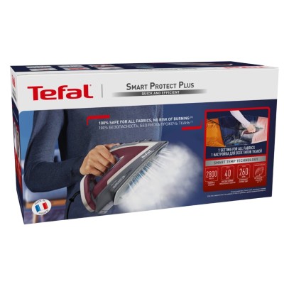 Праска Tefal Smart Protect Plus, 2800Вт, 270мл, паровий удар -260гр, постійна пара - 40гр, керам. підошва, сіро-бордовий (FV6870 Праска Tefal Smart Protect Plus, 2800Вт, 270мл, паровий удар -260гр, постійна пара - 40гр, керам. підошва, сіро-бордовий (FV6870