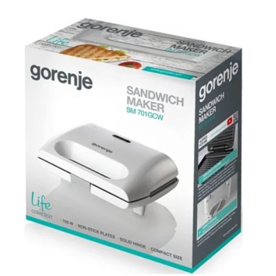 Сендвічмейкер Gorenje 700Вт, алюміній, 1 пластина-гриль , корпус-пластик, білий (SM701GCW) Сендвічмейкер Gorenje 700Вт, алюміній, 1 пластина-гриль , корпус-пластик, білий (SM701GCW)