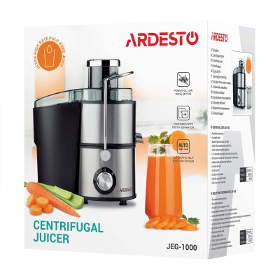 Соковитискач Ardesto відцентрований 1000Вт, чаша-0.5л, жмих-1.5л, пластик/метал, сріблясто-чорний (JEG-1000) Соковитискач Ardesto відцентрований 1000Вт, чаша-0.5л, жмих-1.5л, пластик/метал, сріблясто-чорний (JEG-1000)