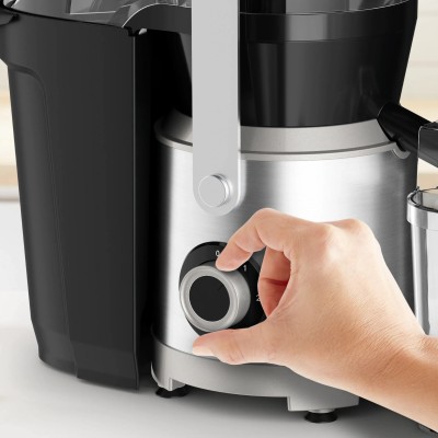 Соковитискач Tefal Nutri XXL відцентрований 1000Вт, чаша-0.8л, жмих-2.2л, жолоб на ціле яблуко, пластик/метал, чорний-нержавіюча Соковитискач Tefal Nutri XXL відцентрований 1000Вт, чаша-0.8л, жмих-2.2л, жолоб на ціле яблуко, пластик/метал, чорний-нержавіюча