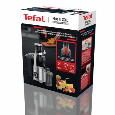 Соковитискач Tefal Nutri XXL відцентрований 1000Вт, чаша-0.8л, жмих-2.2л, жолоб на ціле яблуко, пластик/метал, чорний-нержавіюча Соковитискач Tefal Nutri XXL відцентрований 1000Вт, чаша-0.8л, жмих-2.2л, жолоб на ціле яблуко, пластик/метал, чорний-нержавіюча