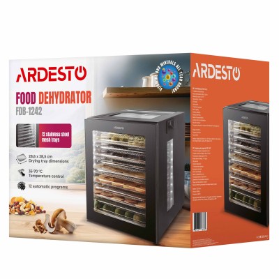 Сушарка для продуктів Ardesto FDB-1242, 850Вт, піддонів -12x3см, макс-70°С, таймер, електр. управління, нерж., чорний