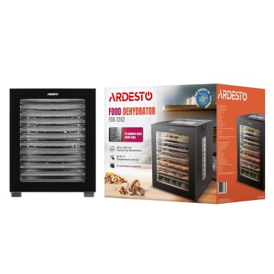 Сушарка для продуктів Ardesto FDB-1242, 850Вт, піддонів -12x3см, макс-70°С, таймер, електр. управління, нерж., чорний