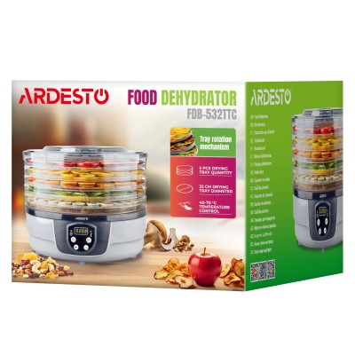 Сушарка для продуктів Ardesto FDB-532TTC, 250Вт, піддонів -5x3см, діаметр-32см, макс-70°С, таймер, електр. управління, пластик ,