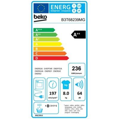 Сушильна машина Beko тепловий насос, 8кг, A++, 60см, дисплей, підсвітка барабану, сірий (B3T68239MG)
