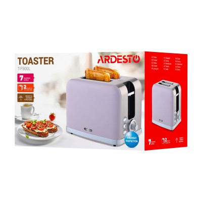 Тостер Ardesto T-F500L, 800Вт, метал, 2 слоти, ліловий+сріблястий Тостер Ardesto T-F500L, 800Вт, метал, 2 слоти, ліловий+сріблястий