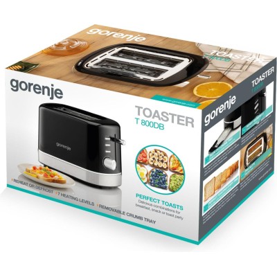 Тостер Gorenje 850Вт, підігрів, розморожування, пластик, чорний (T800DB) Тостер Gorenje 850Вт, підігрів, розморожування, пластик, чорний (T800DB)