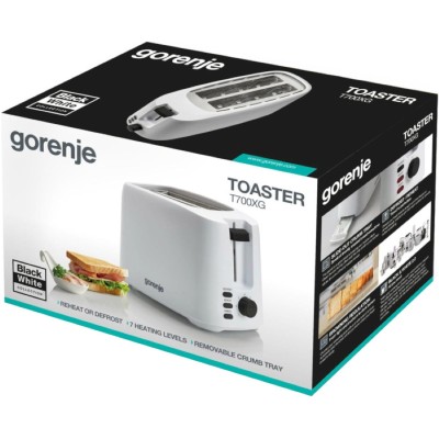 Тостер Gorenje, 850Вт, функц. розморожування, автовідключення, пластик, білий (T700XG)
