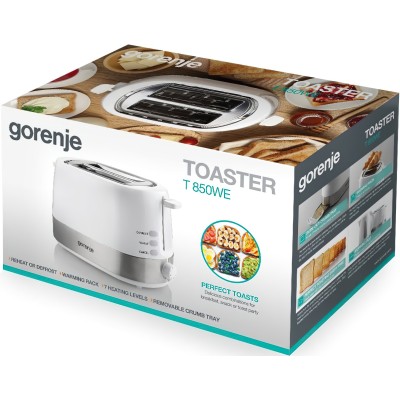 Тостер Gorenje, 850Вт, функц. розморожування, автовідключення, пластик/метал, білий (T850WE) Тостер Gorenje, 850Вт, функц. розморожування, автовідключення, пластик/метал, білий (T850WE)