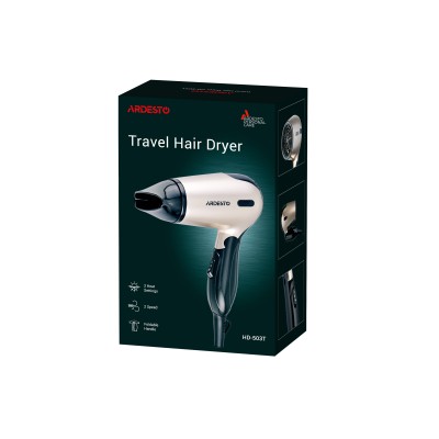 Фен Ardesto Gemini HD-503T дорожній, 1200 Вт, складана ручка, 2 швидкості, 2 темпер. режими, золотисто-чорний Фен Ardesto Gemini HD-503T дорожній, 1200 Вт, складана ручка, 2 швидкості, 2 темпер. режими, золотисто-чорний