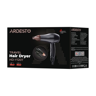 Фен Ardesto HD-Y120T, дорожній, 1200Вт, складна ручка, 2 швидкості, 2 темп. режими, чорний Фен Ardesto HD-Y120T, дорожній, 1200Вт, складна ручка, 2 швидкості, 2 темп. режими, чорний