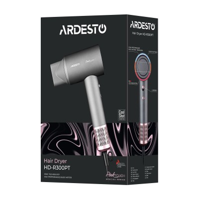 Фен Ardesto Pink Touch, 1600Вт, 2 швидкості, 3темп.режими, іонізація, дифузор, магнітні насадки, сірий+рожевий (HD-R300PT) Фен Ardesto Pink Touch, 1600Вт, 2 швидкості, 3темп.режими, іонізація, дифузор, магнітні насадки, сірий+рожевий (HD-R300PT)