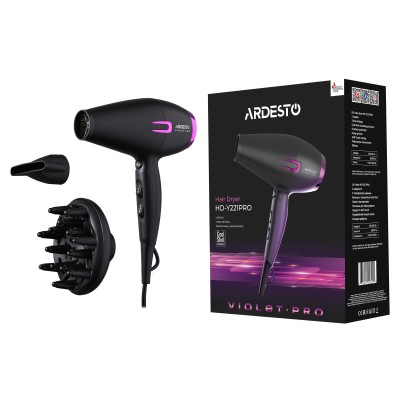 Фен Ardesto Violet PRO HD-Y221PRO ,1750-2100Вт, 2 швидкості, 3темп.режими,дифузор, чорний Фен Ardesto Violet PRO HD-Y221PRO ,1750-2100Вт, 2 швидкості, 3темп.режими,дифузор, чорний