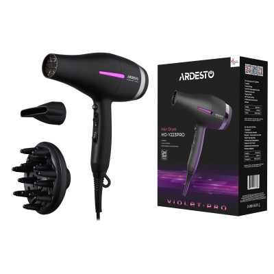Фен Ardesto Violet PRO HD-Y223PRO, 1850-2200Вт, 2 швидкості , 3темп.режими, дифузор, чорний Фен Ardesto Violet PRO HD-Y223PRO, 1850-2200Вт, 2 швидкості , 3темп.режими, дифузор, чорний