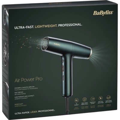 Фен Babyliss Air Power Pro, 1700Вт, 3 режими, дифузор, іоніз-я, хол. обдув, зелений (D6555DE) Фен Babyliss Air Power Pro, 1700Вт, 3 режими, дифузор, іоніз-я, хол. обдув, зелений (D6555DE)