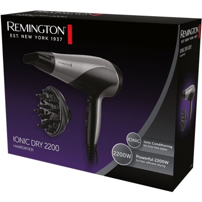 Фен Remington Ionic Dry, 2200Вт, 3 режими, дифузор,турмалинова іоніз-я, хол. обдув, сіро-чорний (D3190S) Фен Remington Ionic Dry, 2200Вт, 3 режими, дифузор,турмалинова іоніз-я, хол. обдув, сіро-чорний (D3190S)
