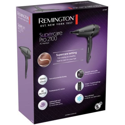 Фен Remington Supercare PRO 2100 AC motor, 2100Вт, 3 режими, іоніз-я, хол. обдув, чорний (AC7100)