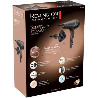 Фен Remington Supercare PRO 2200 AC motor, 2200Вт, 3 режими, дифузор, іоніз-я, хол. обдув, чорний (AC7200) Фен Remington Supercare PRO 2200 AC motor, 2200Вт, 3 режими, дифузор, іоніз-я, хол. обдув, чорний (AC7200)