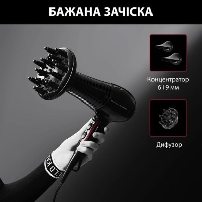 Фен Rowenta x Karl Lagerfeld Powerline, 2100Вт, 3 режими, дифузор, іоніз-я, хол. обдув, чорний (CV591LF0)
