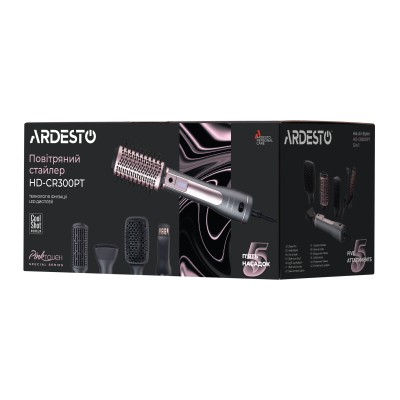 Фен-щітка Ardesto Brush Pink Touch, 1200Вт, 2 швидкості, 2 темп. режими, LED-дисплей, функція іонізації , 4 насадки, сірий+ роже Фен-щітка Ardesto Brush Pink Touch, 1200Вт, 2 швидкості, 2 темп. режими, LED-дисплей, функція іонізації , 4 насадки, сірий+ роже