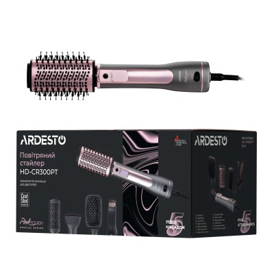 Фен-щітка Ardesto Brush Pink Touch, 1200Вт, 2 швидкості, 2 темп. режими, LED-дисплей, функція іонізації , 4 насадки, сірий+ роже Фен-щітка Ardesto Brush Pink Touch, 1200Вт, 2 швидкості, 2 темп. режими, LED-дисплей, функція іонізації , 4 насадки, сірий+ роже