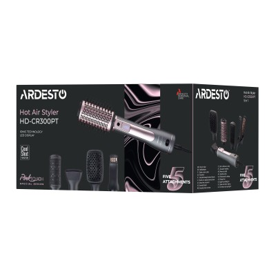Фен-щітка Ardesto Brush Pink Touch, 1200Вт, 2 швидкості, 2 темп. режими, LED-дисплей, функція іонізації , 4 насадки, сірий+ роже Фен-щітка Ardesto Brush Pink Touch, 1200Вт, 2 швидкості, 2 темп. режими, LED-дисплей, функція іонізації , 4 насадки, сірий+ роже
