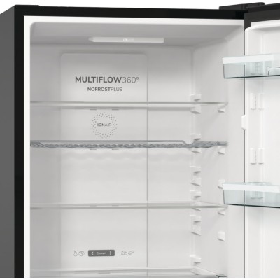 Холодильник з нижн. мороз. камерою Gorenje, 185х60х60см, 2 двері, 204(96)л, А++, NoFrost+ , LED дисплей, Зона св-ті, чорний (NRK