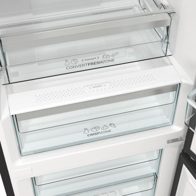 Холодильник з нижн. мороз. камерою Gorenje, 185х60х60см, 2 двері, 204(96)л, А++, NoFrost+ , LED дисплей, Зона св-ті, чорний (NRK