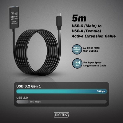 Подовжувач DIGITUS USB 3.2 Gen1 Active Cable 5G, C/M-A/F, 5м, чорний (DA-73110) Подовжувач DIGITUS USB 3.2 Gen1 Active Cable 5G, C/M-A/F, 5м, чорний (DA-73110)