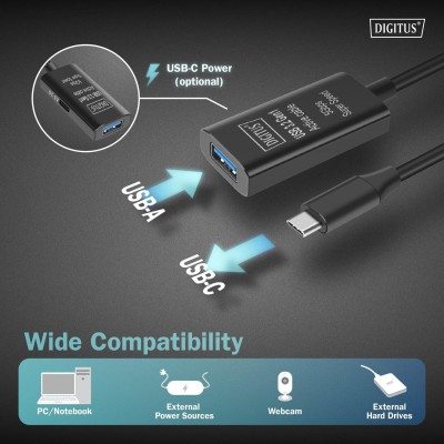 Подовжувач DIGITUS USB 3.2 Gen1 Active Cable 5G, C/M-A/F, 5м, чорний (DA-73110) Подовжувач DIGITUS USB 3.2 Gen1 Active Cable 5G, C/M-A/F, 5м, чорний (DA-73110)