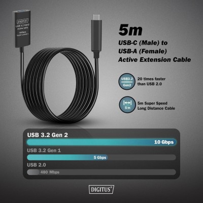 Подовжувач DIGITUS USB 3.2 Gen2 Active Cable 10G, C/M-A/F, 5м, чорний (DA-73113) Подовжувач DIGITUS USB 3.2 Gen2 Active Cable 10G, C/M-A/F, 5м, чорний (DA-73113)