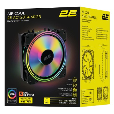 Процесорний кулер 2E GAMING Air Cool AC120T4-ARGB, LGA1851, 1700, 1200, 115x, 1366, AM5, AM4, AM3, AM3+, 4pin PWM, 3pin +5VARGB, Процесорний кулер 2E GAMING Air Cool AC120T4-ARGB, LGA1851, 1700, 1200, 115x, 1366, AM5, AM4, AM3, AM3+, 4pin PWM, 3pin +5VARGB,