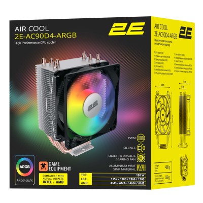 Процесорний кулер 2E GAMING Air Cool AC90D4-ARGB, LGA1851, 1700, 1200, 1366, 115x, AM5, AM4, AM3, AM3+, 4pin PWM, TDP 130W