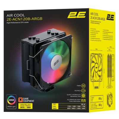 Процесорний кулер 2E GAMING Air Cool ACN120B-ARGB, LGA1851, 1700, 1200, 115x, 1366, AM5, AM4, AM3, AM3+, 4pin PWM, 3pin +5VARGB, Процесорний кулер 2E GAMING Air Cool ACN120B-ARGB, LGA1851, 1700, 1200, 115x, 1366, AM5, AM4, AM3, AM3+, 4pin PWM, 3pin +5VARGB,