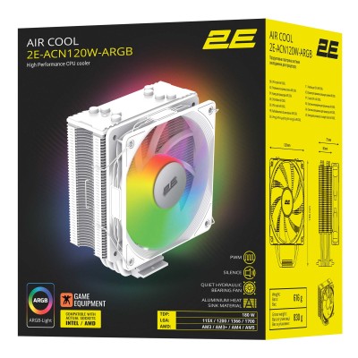 Процесорний кулер 2E GAMING Air Cool ACN120W-ARGB, LGA1851, 1700, 1200, 115x, 1366, AM5, AM4, AM3, AM3+, AM2 ,AM2+, FM2, FM1 4pi Процесорний кулер 2E GAMING Air Cool ACN120W-ARGB, LGA1851, 1700, 1200, 115x, 1366, AM5, AM4, AM3, AM3+, AM2 ,AM2+, FM2, FM1 4pi