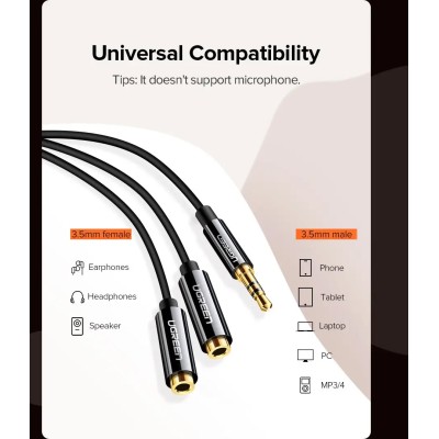 Кабель UGREEN AV134 3.5mm Male To 2 Female Audio Cable 25cm Black (20816) Кабель UGREEN AV134 3.5mm Male To 2 Female Audio Cable 25cm Black (20816)