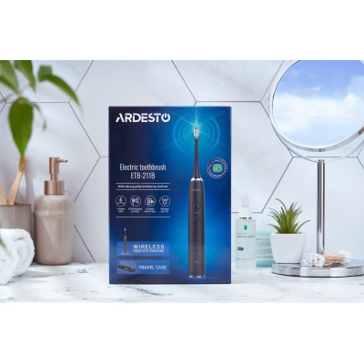 Щітка зубна електр. Ardesto, ETB-211B, 40т. колив/хв, насадок-5, футляр, IPX7, чорний Щітка зубна електр. Ardesto, ETB-211B, 40т. колив/хв, насадок-5, футляр, IPX7, чорний