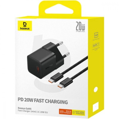 Зарядний Пристрій Baseus GaN5 Fast Charger(mini) 1C 20W EU Cluster with Data Cable Type-C to Type-C (P10110900113-00) Black