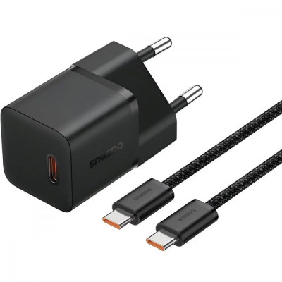 Зарядний Пристрій Baseus GaN5 Fast Charger(mini) 1C 20W EU Cluster with Data Cable Type-C to Type-C (P10110900113-00) Black