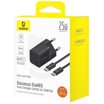 Зарядний Пристрій Baseus GaN5 Mini Fast Charger Type-C 25W (З кабелем Type-C to Type-C 100W 1m) (P10110909113-01) Black