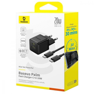 Зарядний Пристрій Baseus Palm Fast Charger Type-C+USB 20W (With Cable Type-C to Type-C 60W 1m) (P10111608213-01) White