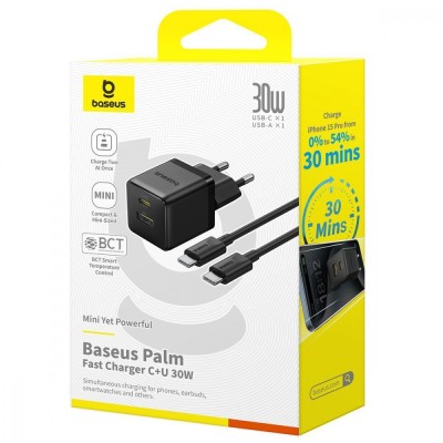 Зарядний Пристрій Baseus Palm Fast Charger Type-C+USB 30W (With Cable Type-C to Type-C 60W 1m) (P1011160A113-01) Black