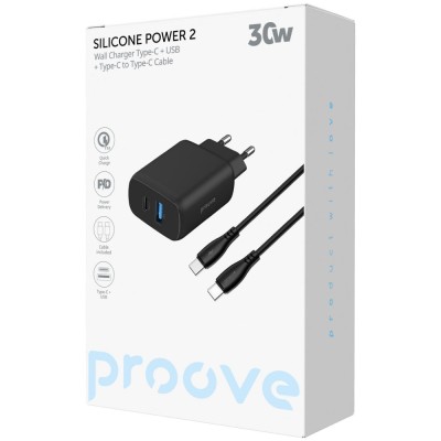 Зарядний Пристрій Proove Silicone Power 2 30W (Type-C + USB) + Cable Type-C to Type-C (1m) (WCSP23011001) black