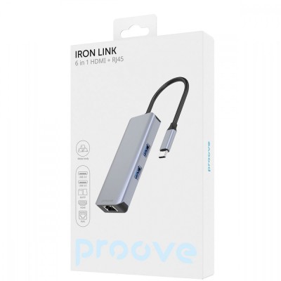HUB Proove Iron Link 6in1 Type-C To 2USB3.0 + SD/TF + RJ45 + HDMI (HBI700010004) Silver