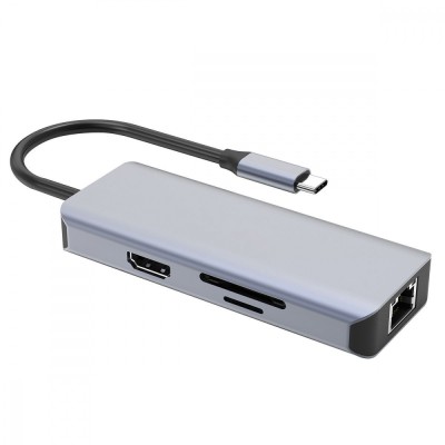 HUB Proove Iron Link 6in1 Type-C To 2USB3.0 + SD/TF + RJ45 + HDMI (HBI700010004) Silver