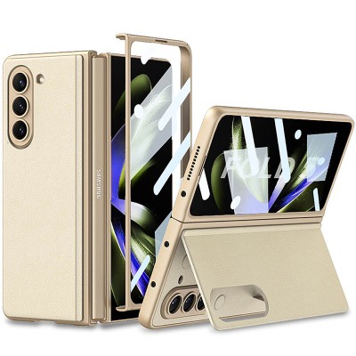 Шкіряний чохол GKK 360 + Glass з підставкою для Samsung Galaxy Z Fold5 Champagne