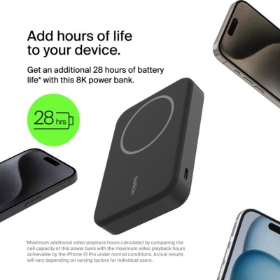 Акумулятор портативний літій-іонний Power Bank Belkin 8000мА·год, 15Вт, MagSafe Qi2, чорний Акумулятор портативний літій-іонний Power Bank Belkin 8000мА·год, 15Вт, MagSafe Qi2, чорний