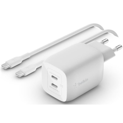 Зарядний пристрій мережевий Belkin 65Вт 2хUSB-С GAN PD PPS, кабель USB-С > USB-C, 2м, білий (WCH013VF2MWH-B6) Зарядний пристрій мережевий Belkin 65Вт 2хUSB-С GAN PD PPS, кабель USB-С > USB-C, 2м, білий (WCH013VF2MWH-B6)