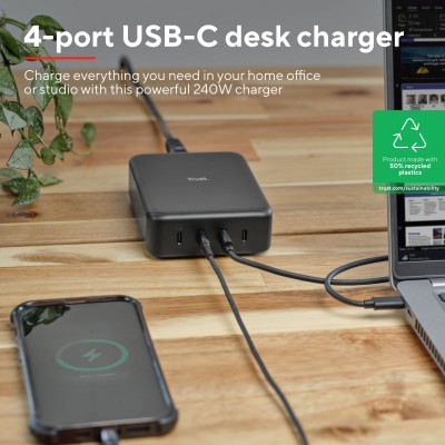 Зарядний пристрій мережевий Trust Maxo 240Вт,GaN, 4xUSB-C,PD, чорний Зарядний пристрій мережевий Trust Maxo 240Вт,GaN, 4xUSB-C,PD, чорний