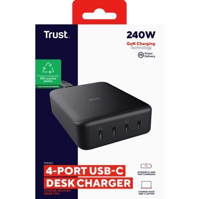 Зарядний пристрій мережевий Trust Maxo 240Вт,GaN, 4xUSB-C,PD, чорний Зарядний пристрій мережевий Trust Maxo 240Вт,GaN, 4xUSB-C,PD, чорний